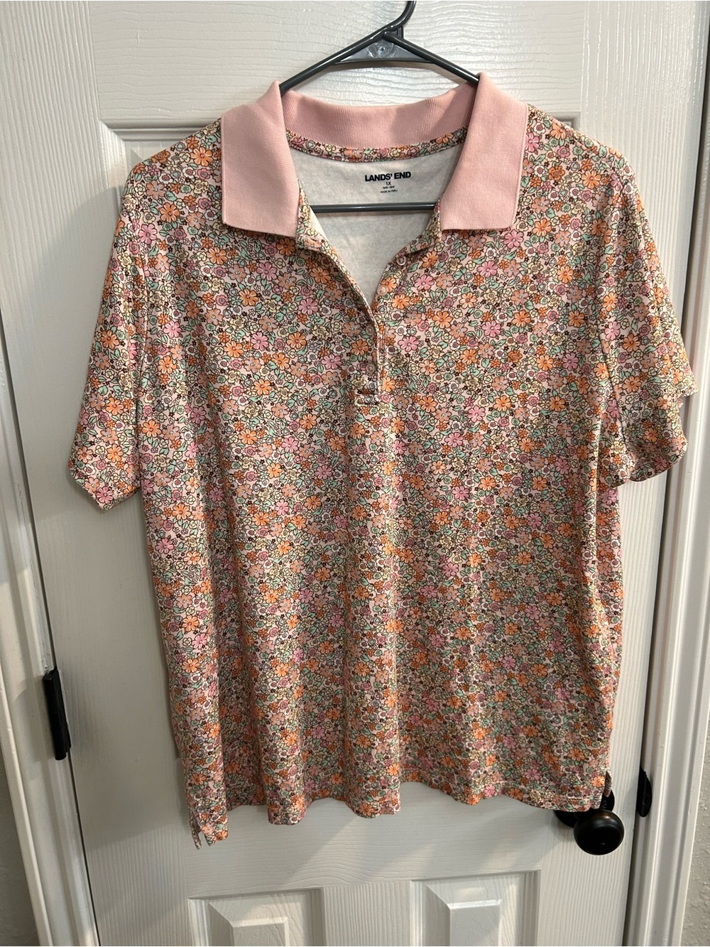 Lands End Short Sleeve Floral Polo Shirt pink size 1X small flaw